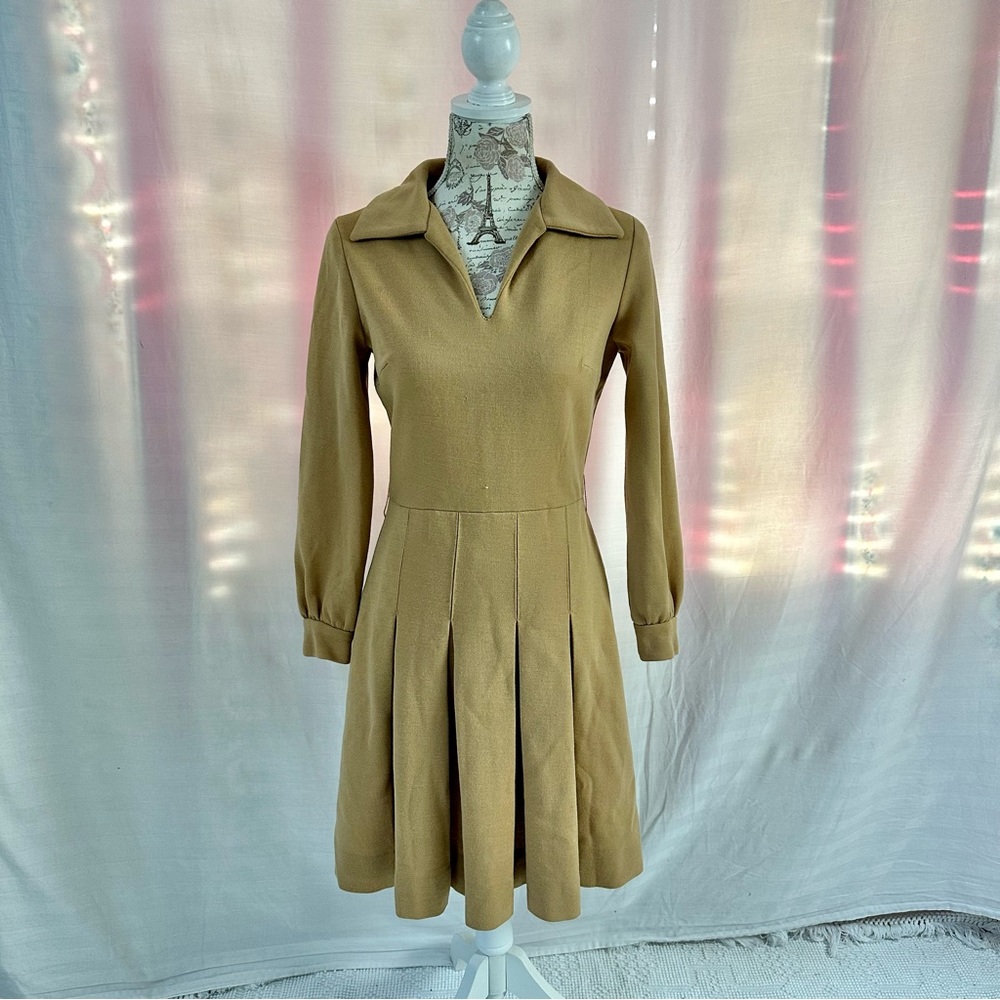 Vintage 60s Shirt Dress Camel Tan Wool by Private Circle Size XS/S